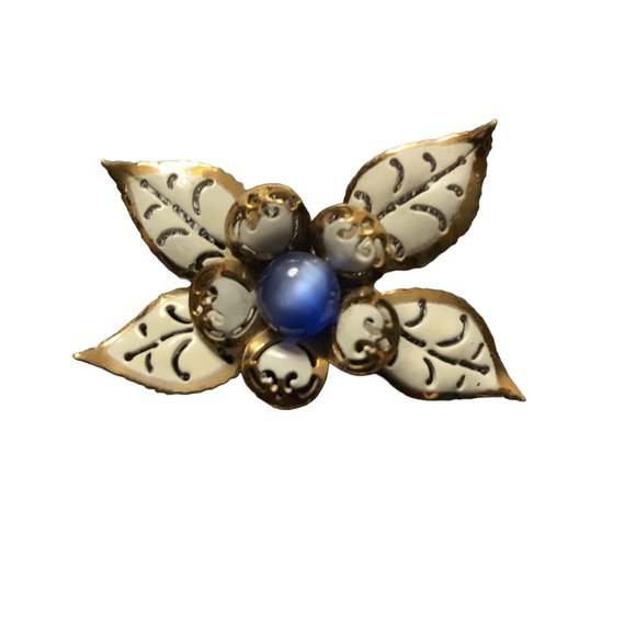 Vtg Coro Moonglow Brooch White Enamel Flowers Blue Center Signed Pin Gold Tone - Picture 10 of 10